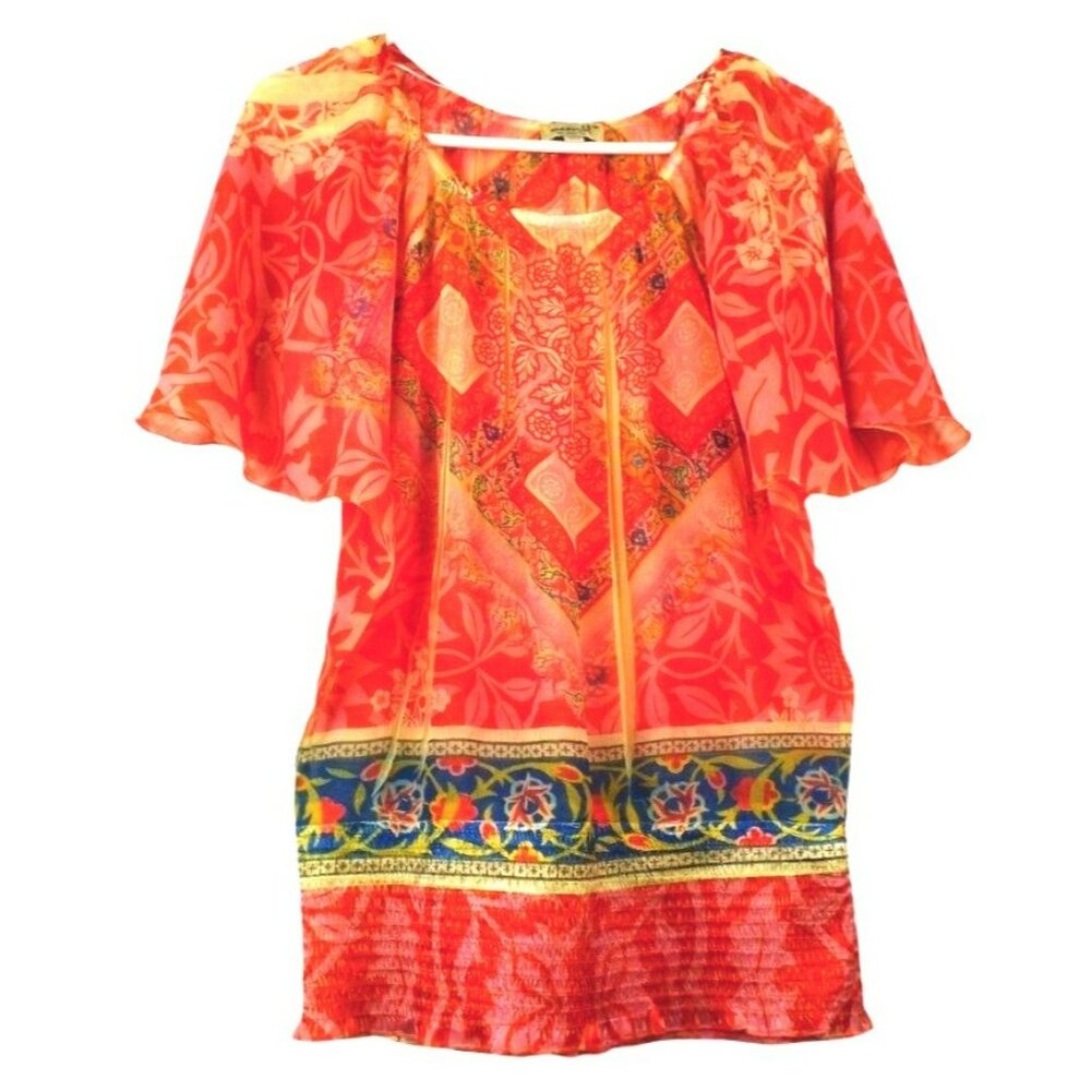 Womens Bright Red Orange Semi-sheer Dress Top Blouse size M    JH913